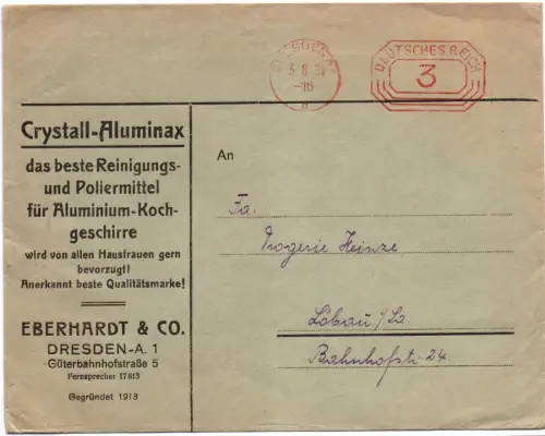 Brief Crystall Aluminax Dresden 1935 nach Löbau