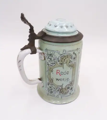 Alter Bierkrug Emaille Rede wenig Trinke viel um 1900 Deko 