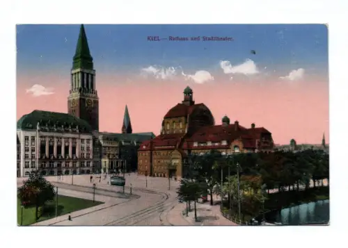 Ak Feldpost 1916 Kiel Rathaus und Stadttheater