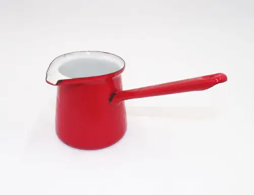 Alter Emaille Becher Schnabelbecher mit Griff Rot Weiß Gießer Vintage