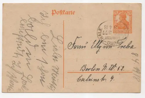 Postkarte DR Bahnpost Magdeburg nach Thale Zug 377 1918 Stempel Germania GS