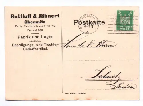 Postkarte Rottluff und Jähnert Chemnitz Fabrik und Lager 1926