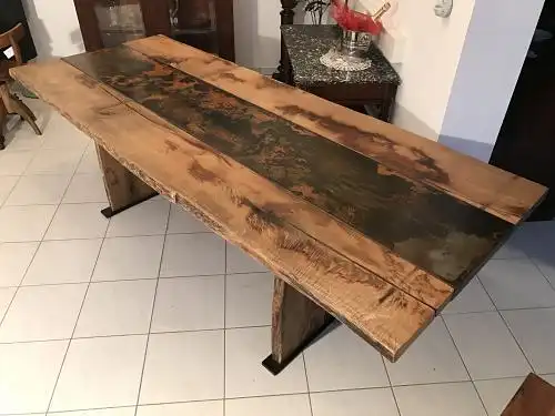 W1423 riesiger schwerer Designertisch Tafeltisch Eisen Massivholz Antikholz
