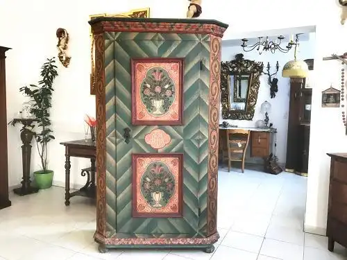 W1453 originaler Biedermeier Schrank Bauernschrank handbemalt Bauernmöbel Antik