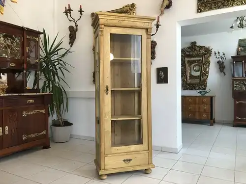 Schmaler Gründerzeit Vitrinenschrank Bücherschrank Vitrine Naturholz E1308