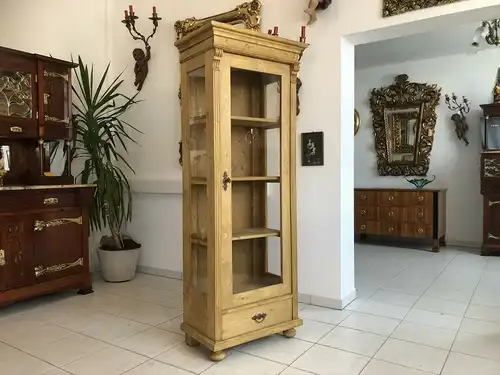 Schmaler Gründerzeit Vitrinenschrank Bücherschrank Vitrine Naturholz E1308