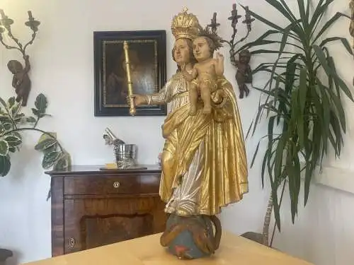 Originale Holzfigur gefaßte Madonna mIt Kind Barockfigur A4273