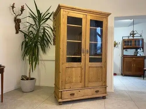 bäuerliche Vitrine Bauernvitrine Bauernschrank Naturholz Bücherschrank E1892