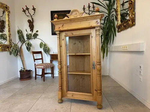 Bäuerlicher Eckschrank Eckvitrine Naturholz G1083