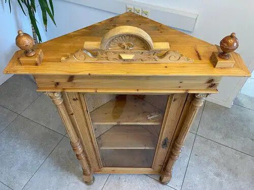 Bäuerlicher Eckschrank Eckvitrine Naturholz G1083