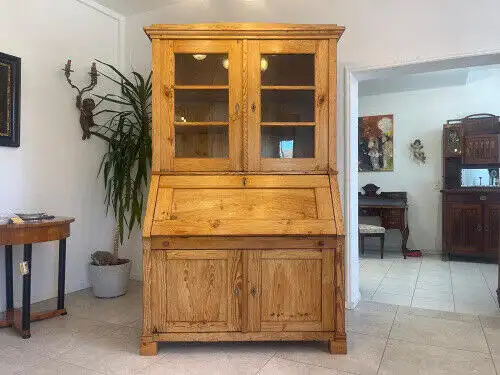 Bäuerlicher Barock Standsekretär Schreibtisch Glasschrank Sekretär Naturholz G12