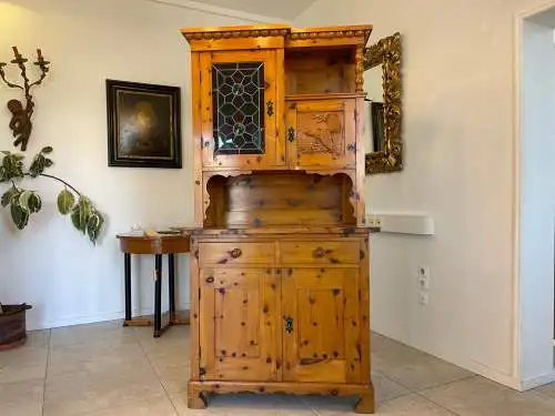 Zirbenholz Küchenkredenz Küchenvitrine mit Butzenglas - G1263