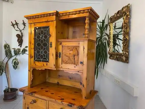 Zirbenholz Küchenkredenz Küchenvitrine mit Butzenglas - G1263