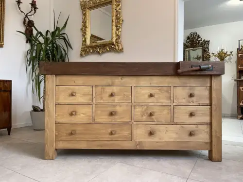 Urige Antike Hobelbank, Alte Werkbank aus Eichenholz mit Ladenelement B1192