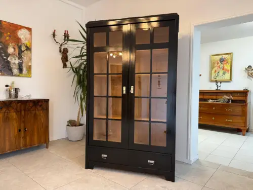Sale Restaurierte Jugendstil Vitrine Bücherschrank Vitrinenschrank Schwarz Antik