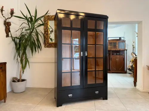 Sale Restaurierte Jugendstil Vitrine Bücherschrank Vitrinenschrank Schwarz Antik