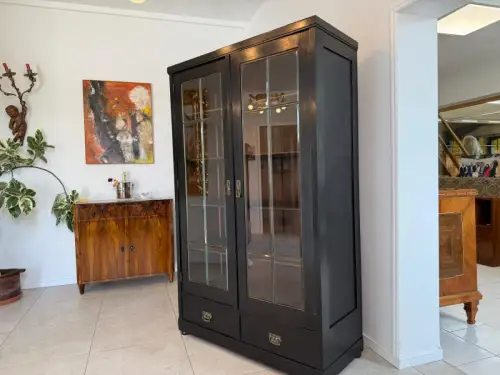 Original Jugendstil Vitrine Bücherschrank Vitrinenschrank Schwarz Antik G2059