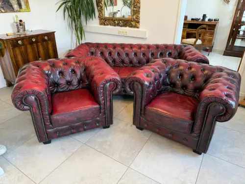 Chesterfield Ensemble 3 teilig Ledersofa Fauteuils Clubmöbel Cultmöbel G2127 
