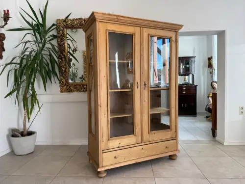Antike Weichholz Bauernvitrine Vitrine Naturholz Glasvitrine Alte Bauernmöbel D1