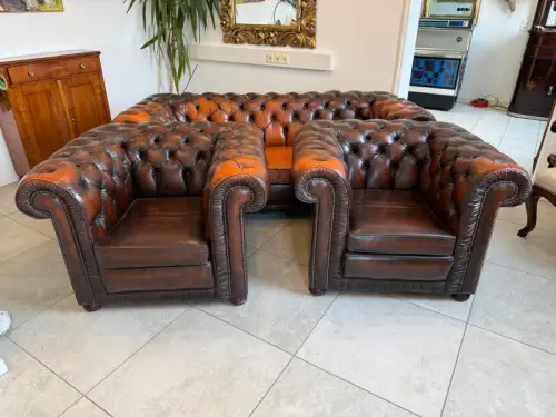 Chesterfield Ensemble 3 teilig Ledersofa Fauteuils Clubmöbel Cultmöbel D1214