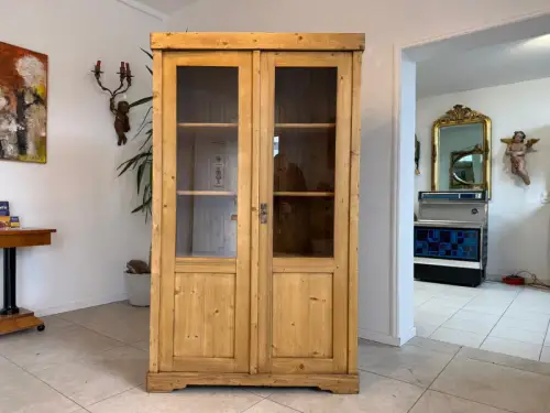 Antike Weichholz Bauernvitrine Vitrine Naturholz Glasvitrine Alte Bauernmöbel D2