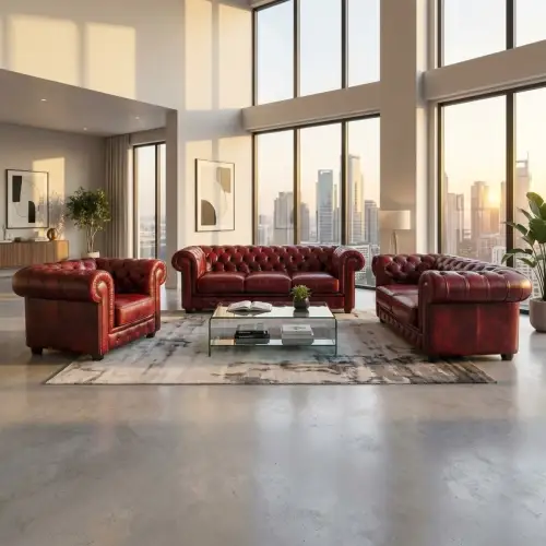 Chesterfield Ensemble 3 teilig Ledersofa Fauteuils Clubmöbel Cultmöbel D2302