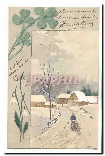 Cartes postales Voeux Trefle Niege cochons Fantaisie