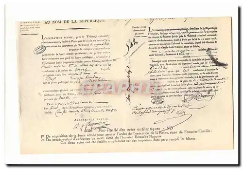 Paris (1er) Cartes postales conciergerie fac simile des actes authentiques Execution de la reine par Fouqier Tin