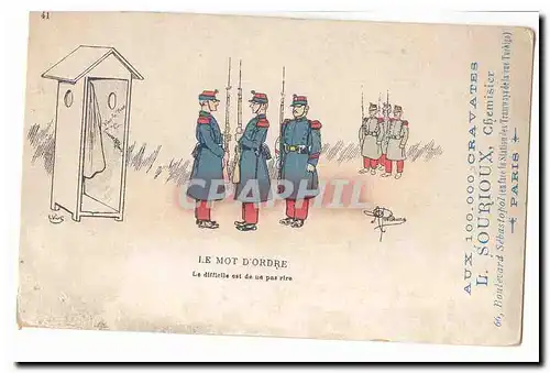 Ansichtskarte AK Militaria Le mot d&#39ordre Le difficile est de na pas rire (soldats) + pub Sourioux Chemisier b