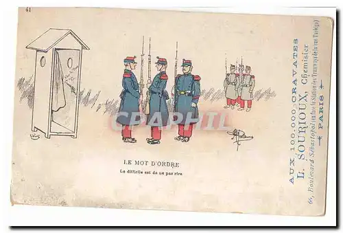 Cartes postales Militaria Le mot d&#39ordre Le difficile est de na pas rire (soldats) + pub Sourioux Chemisier b