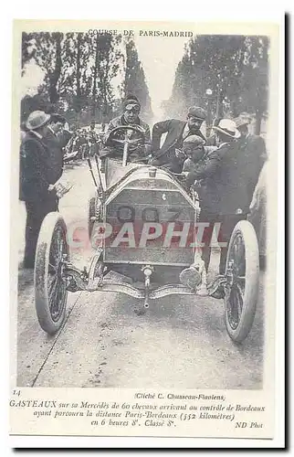 REPRODUCTION Gasteaux sur sa MErcedes de 60 chevaux arrivant au controle de Bordeaux (Paris Bordeaux