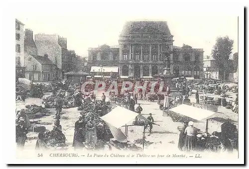 Cherbourg Cartes postales La place du chateau et le theatre un jour de marche (reproduction)
