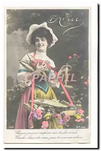 Cartes postales fantaisie 1er avril Chaque poisson renferme uen tendre caresse (femme)