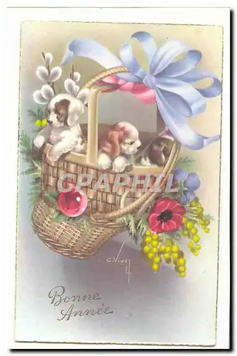 Cartes postales FAntaisie Bonne annee (fleurs chiots cheins)