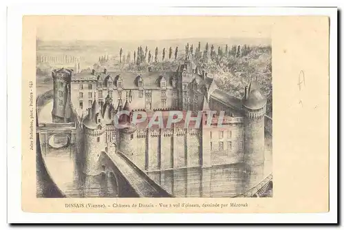 Dissais Cartes postales Chateau de Dissais Vue a vol d'oiseau dessinee par Meroval
