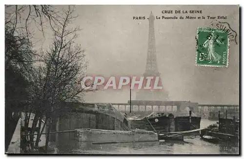Crue de la Seine Cartes postales Paris Inondation La passerelle du Metro et la Tour Eiffel