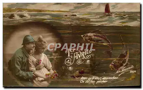 Fantaisie Cartes postales 1er avril soldat militaria poisson