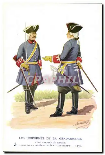 Cartes postales Les uniformes de la gendarmerie MArechausee Garde et lieutenant 1756 Metiers