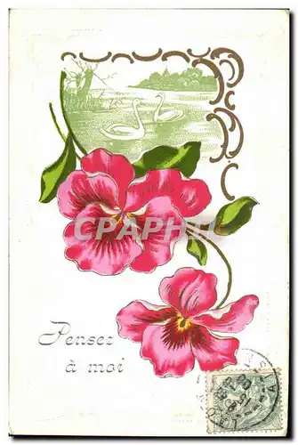 Voeux - Pensez a moi - fleur - pansy -swan - cygne - Cartes postales