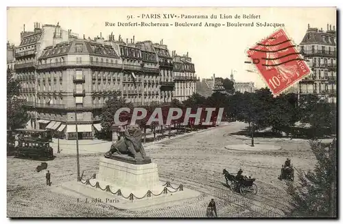 Paris (14)- Lion de Belfort-tramay-cheval--Place Denfert Rochereau-Oeuvre de Bartholdi-Ansichtskarte AK