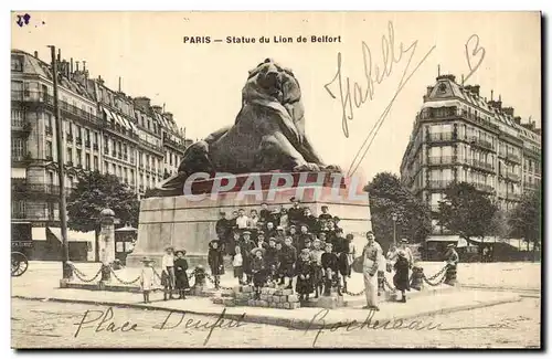 Paris (14)- Lion de Belfort-enfants -Place Denfert Rochereau-Oeuvre de Bartholdi-Ansichtskarte AK