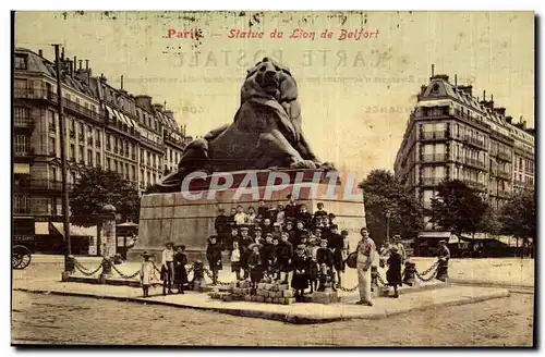 Paris (14)- Lion de Belfort-enfants -Place Denfert Rochereau-Oeuvre de Bartholdi-Ansichtskarte AK