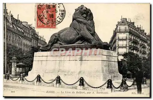 Paris 14 - Le Lion de Belfort - Boulevard Raspail et Rue Denfert Rochereau - Ansichtskarte AK