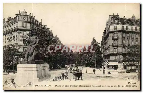 Paris - 14 - Le Lion de Belfort - Boulevard Raspail et Rue Denfert Rochereau - Ansichtskarte AK