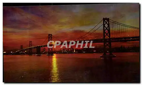 California- Sunset- San Francisco Bay Bridge Linking Oakland- lenghth of 8 1/4 mile- Cartes postales