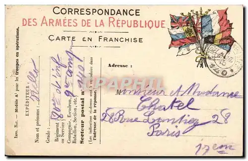 Carte de Correspondance des armees Chatel 28 rue Lontiez a Paris 9eme compagnie