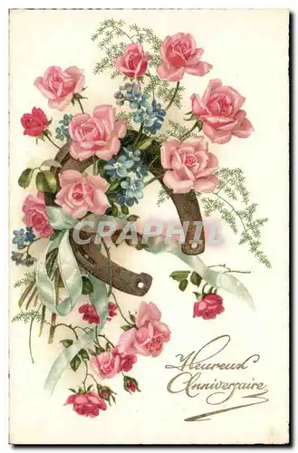 Cartes postales Fantaisie Heureux anniversaire (fleurs) Fer a cheval
