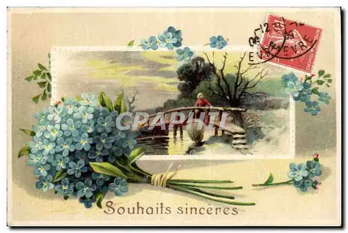 Fantaisie - Souhaits Sinceres - pont - fleur - Cartes postales