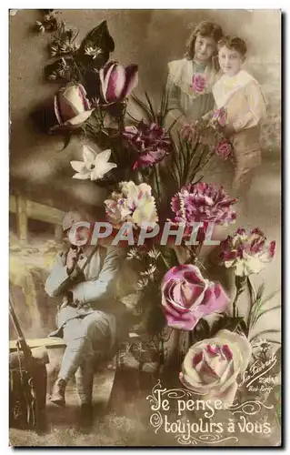 Cartes postales FAntaisie Je pense toujours a vous (militaria fleurs enfants)