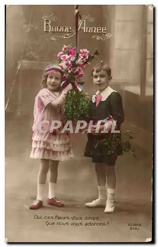 Ansichtskarte AK Fantaisie Enfants Bonne annee Oui ces fleurs vous diront que nous vous adorons